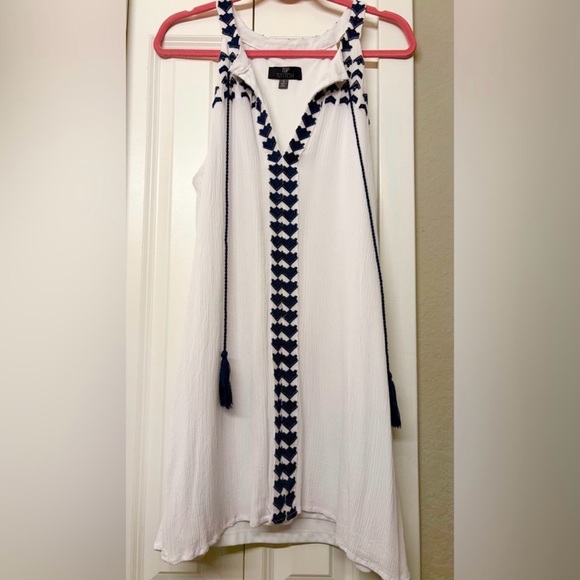 White Sundress Dress with Navy Embroidery - Picture 2 of 2